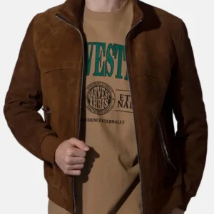 men’s vintage suede brown leather trucker bomber jacket